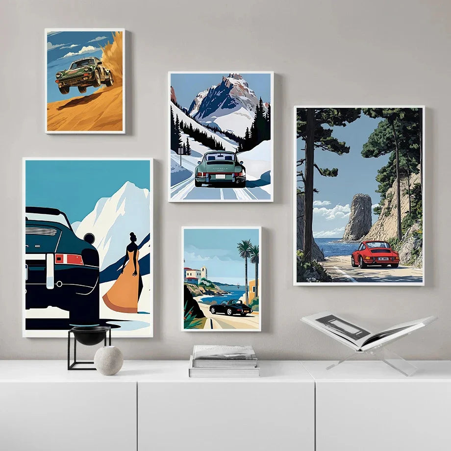 Classic 911 Alpine Drive Poster Vintage Alpine Tour Cartoon Print Canvas Painting Wall Art Painting Home Living Room Decor